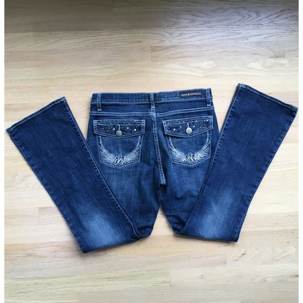 Rhinestone Angel Wing Bootcut Jeans Womens 12 Dark Wash Y2K Western Bling